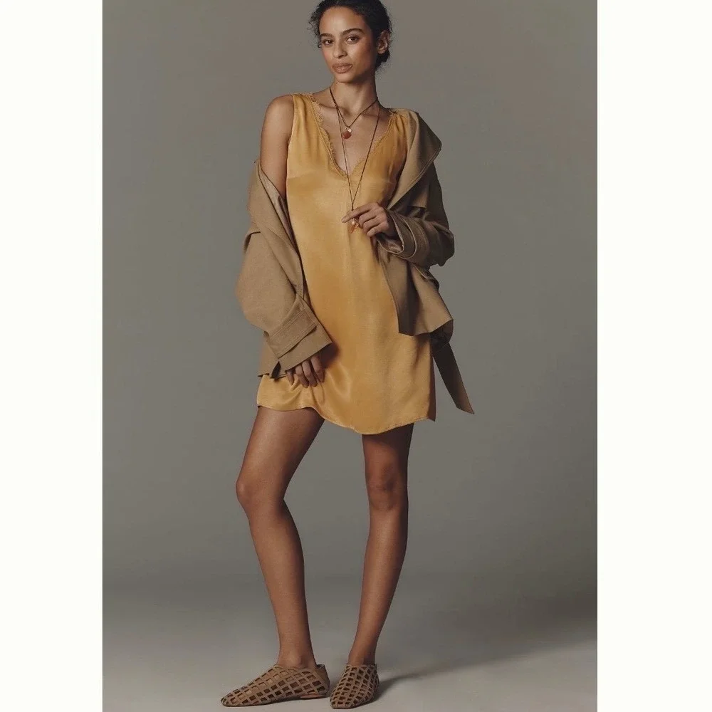 NWT By Anthropologie Sleeveless Lace Trim Gold Mini Romantic‎ Slip Dress S